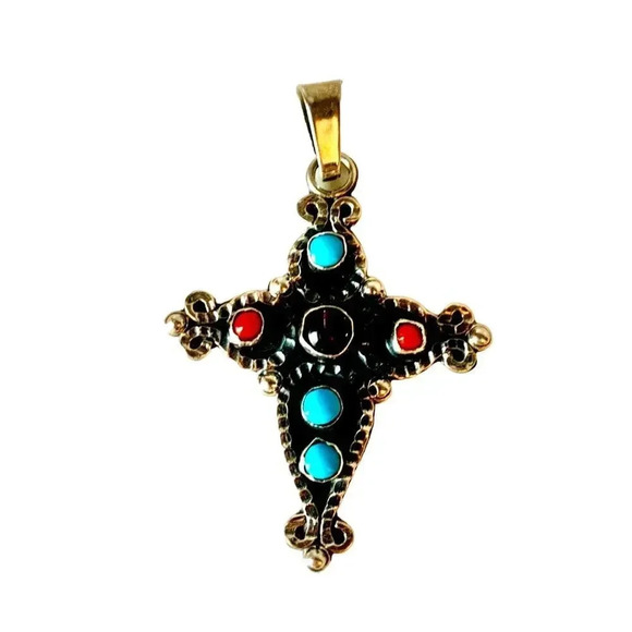 Handmade Jewelry - Vintage (?) Mexico Sterling 925 Turquoise Coral MATL Style Cross Pendant